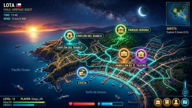 Mapa 3D con Zonas Patrimoniales de Lota